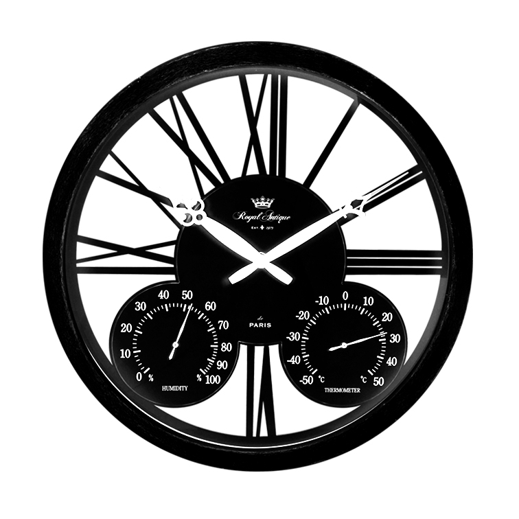 Modern design 14 inch black metal wall clock with transparent back cover