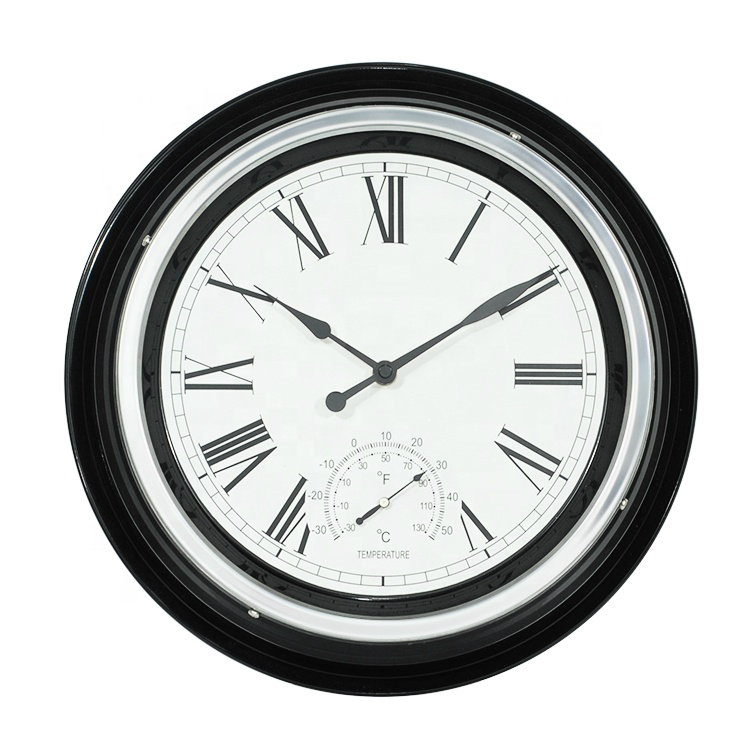 13 inch Black Clock Frame Roman Numerals Antique Wall Clock with Temperature